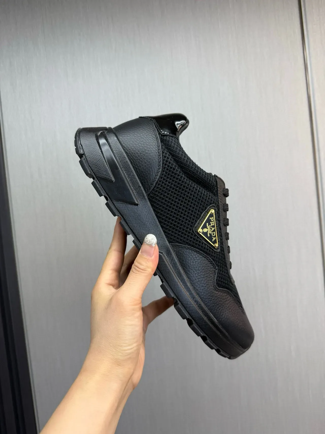 Prada Black Gold Pebbled Leather Toe Perforated Mesh Side Panels Lifestyle Sneakers 7