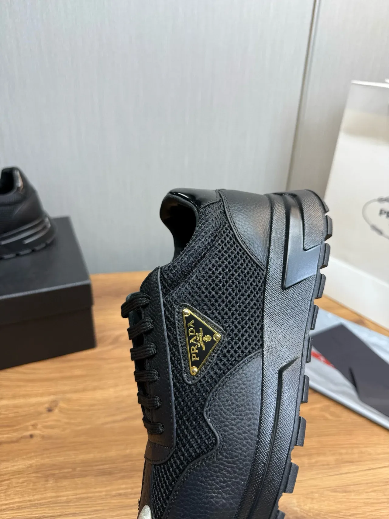Prada Black Gold Pebbled Leather Toe Perforated Mesh Side Panels Lifestyle Sneakers 8