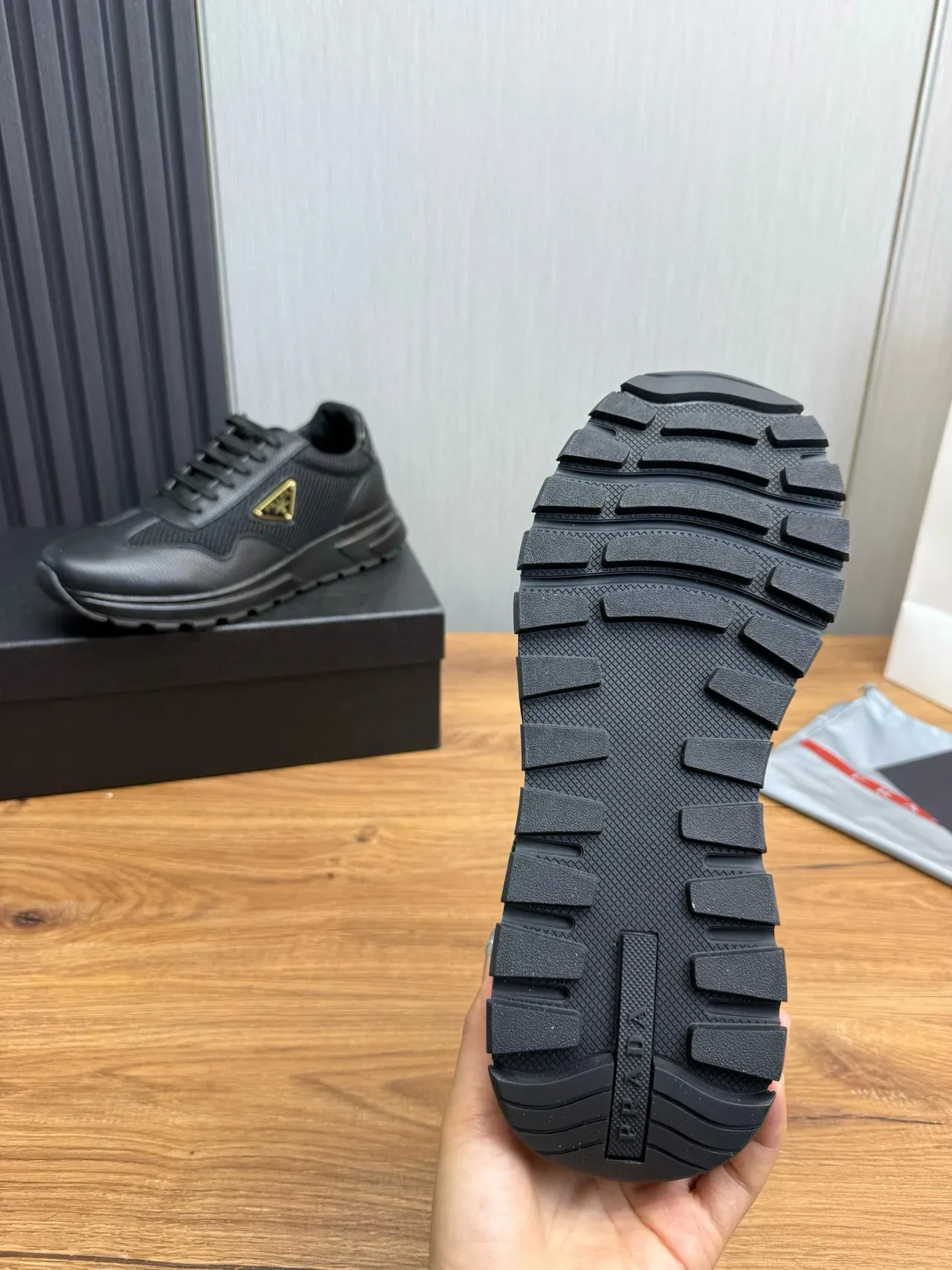 Prada Black Gold Pebbled Leather Toe Perforated Mesh Side Panels Lifestyle Sneakers 9