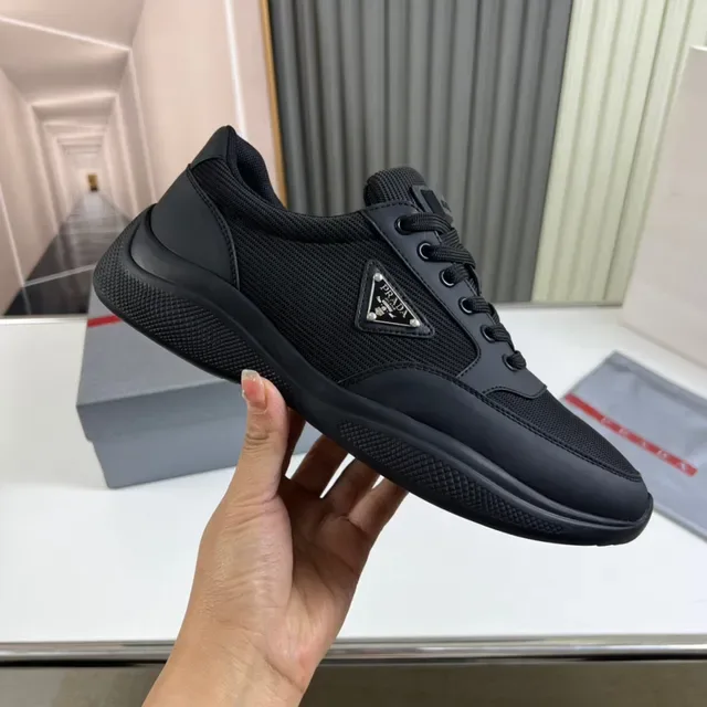 Prada Black Mesh And Synthetic Upper Triangular Metal Logo Lifestyle Sneakers 4