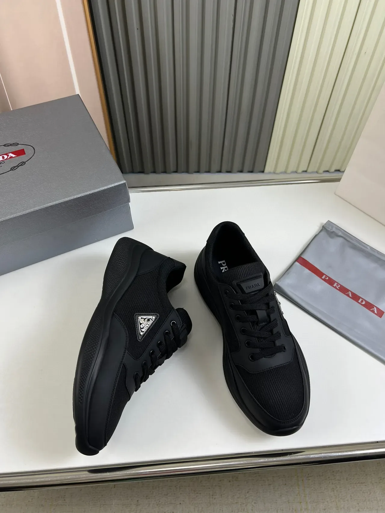 Prada Black Mesh And Synthetic Upper Triangular Metal Logo Lifestyle Sneakers 5