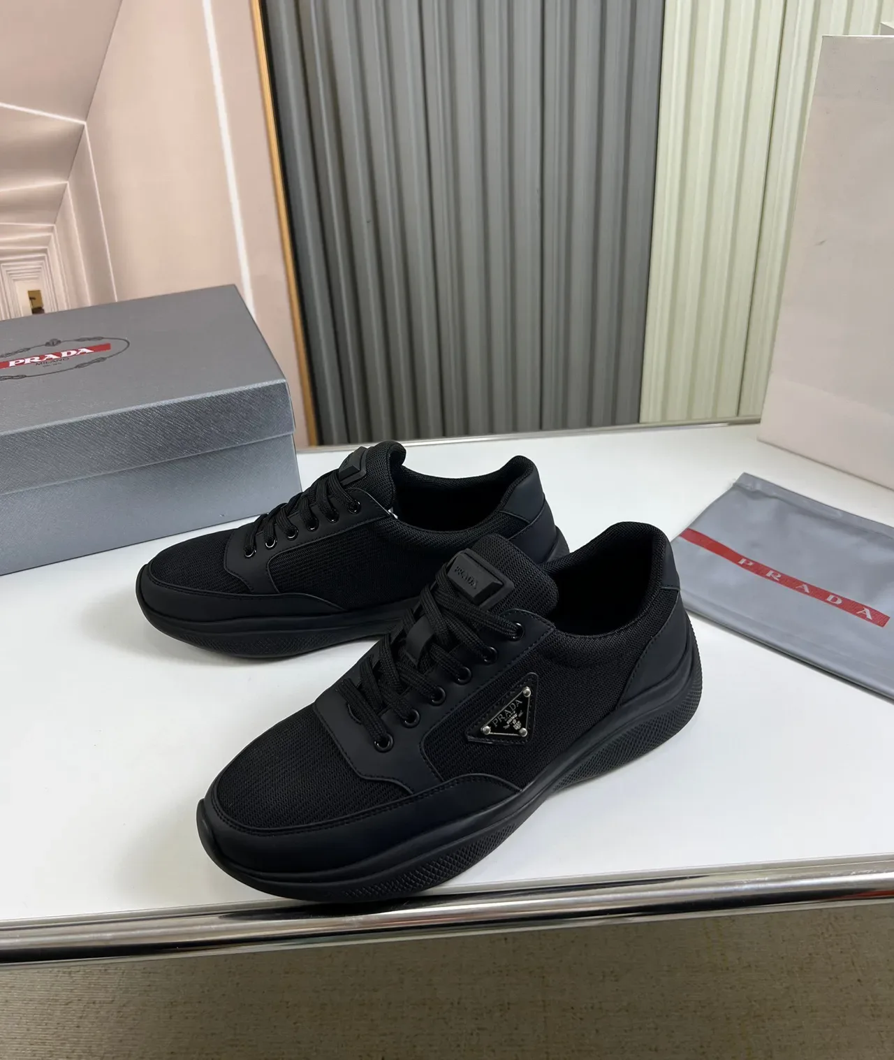 Prada Black Mesh And Synthetic Upper Triangular Metal Logo Lifestyle Sneakers 7