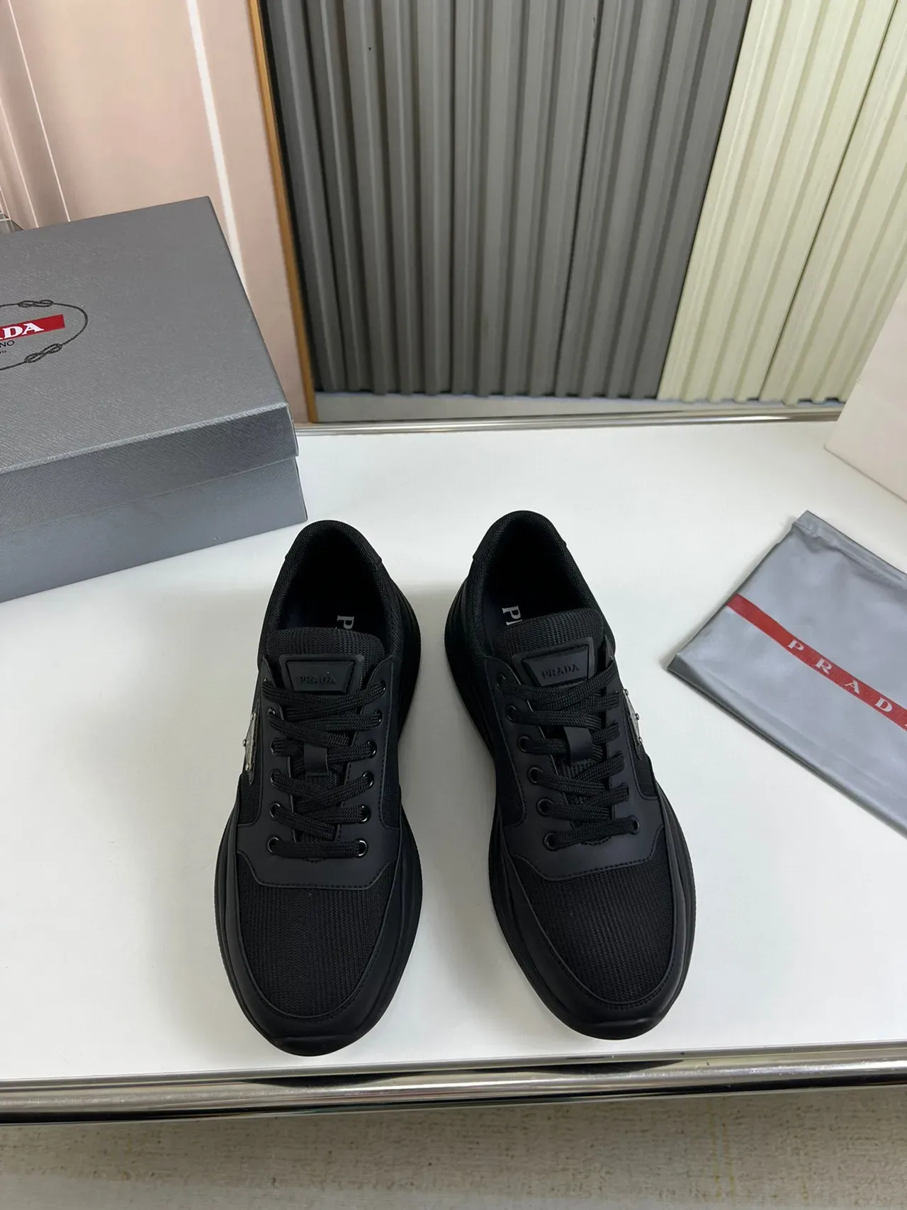Prada Black Mesh And Synthetic Upper Triangular Metal Logo Lifestyle Sneakers 8