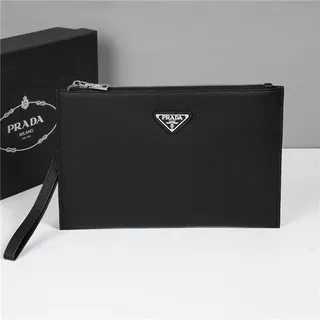 Prada Black Silver Pebbled Leather Zip-Top Closure Wristlet
