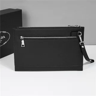 Prada Black Silver Pebbled Leather Zip-Top Closure Wristlet 8