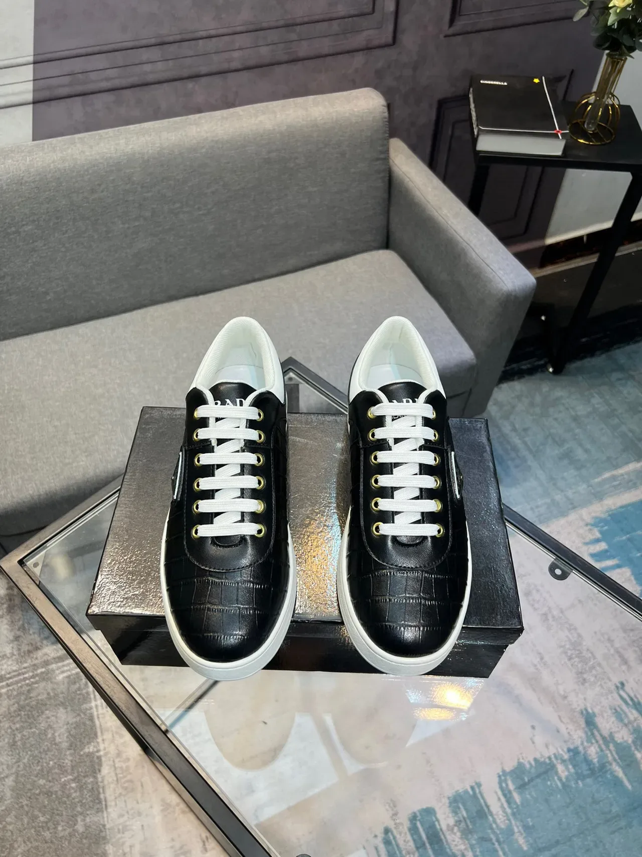 Prada Black White Croc-Embossed Leather Triangular Logo Plaque Lifestyle Sneakers 2