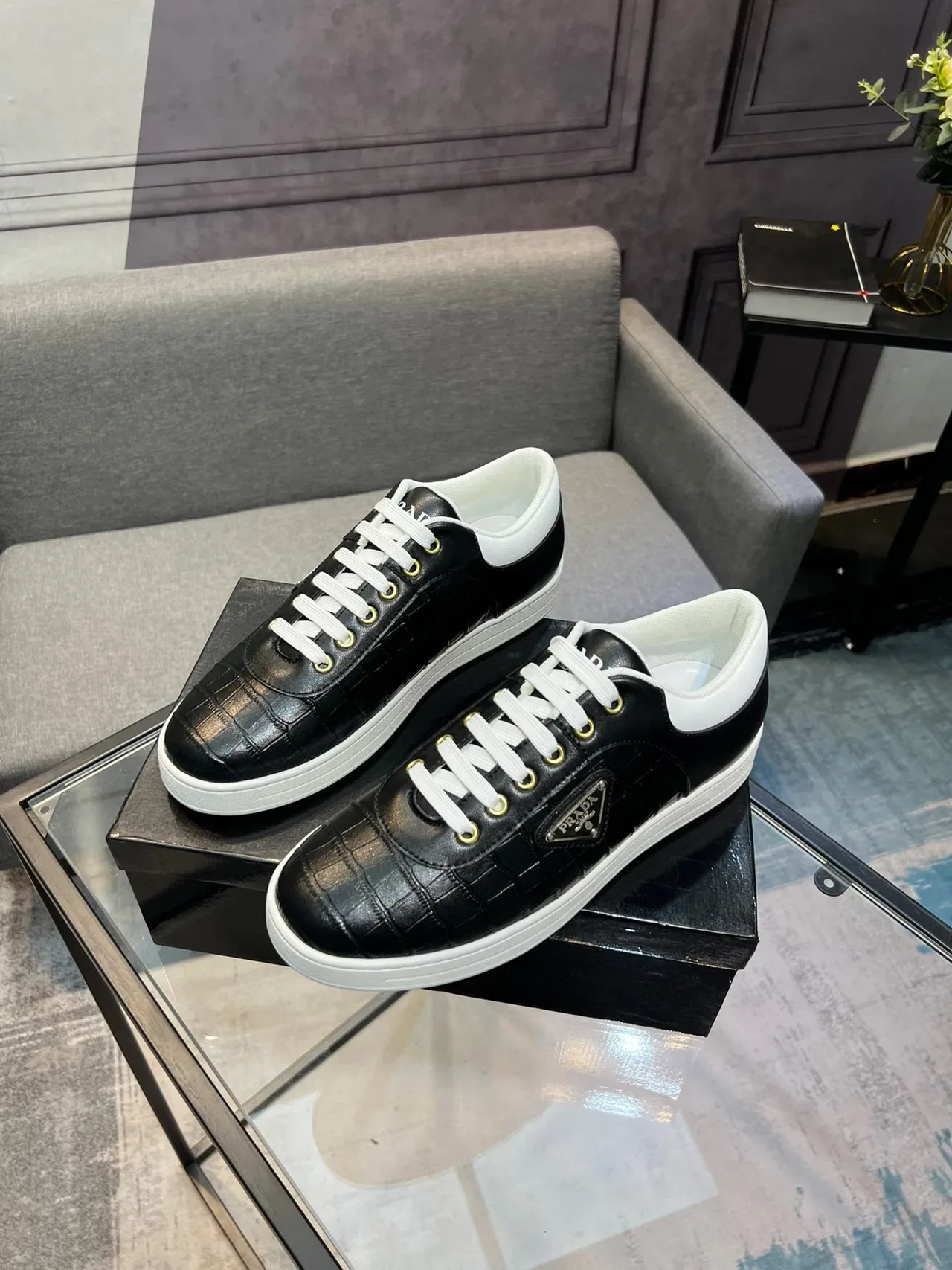 Prada Black White Croc-Embossed Leather Triangular Logo Plaque Lifestyle Sneakers 3