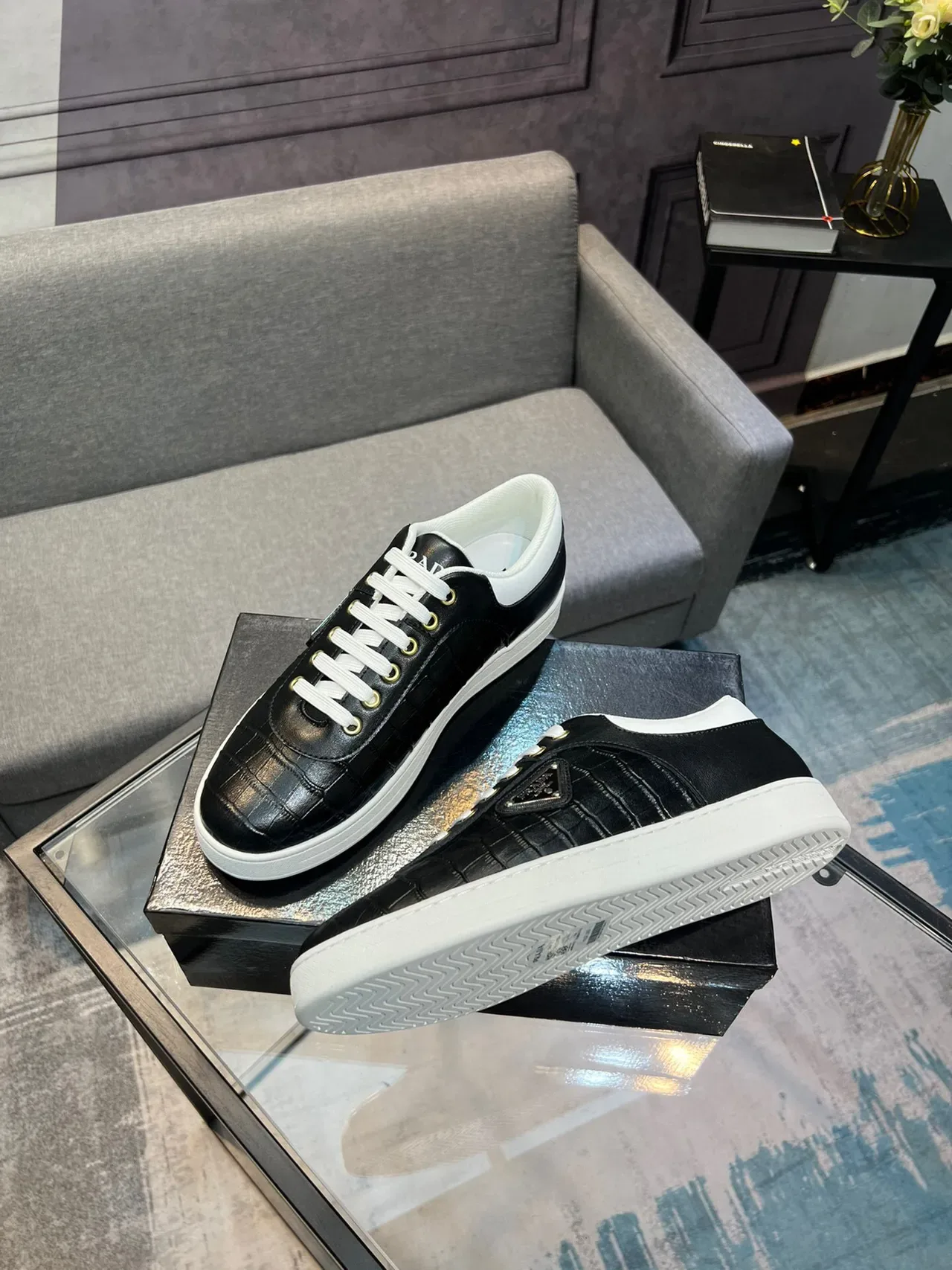 Prada Black White Croc-Embossed Leather Triangular Logo Plaque Lifestyle Sneakers 4