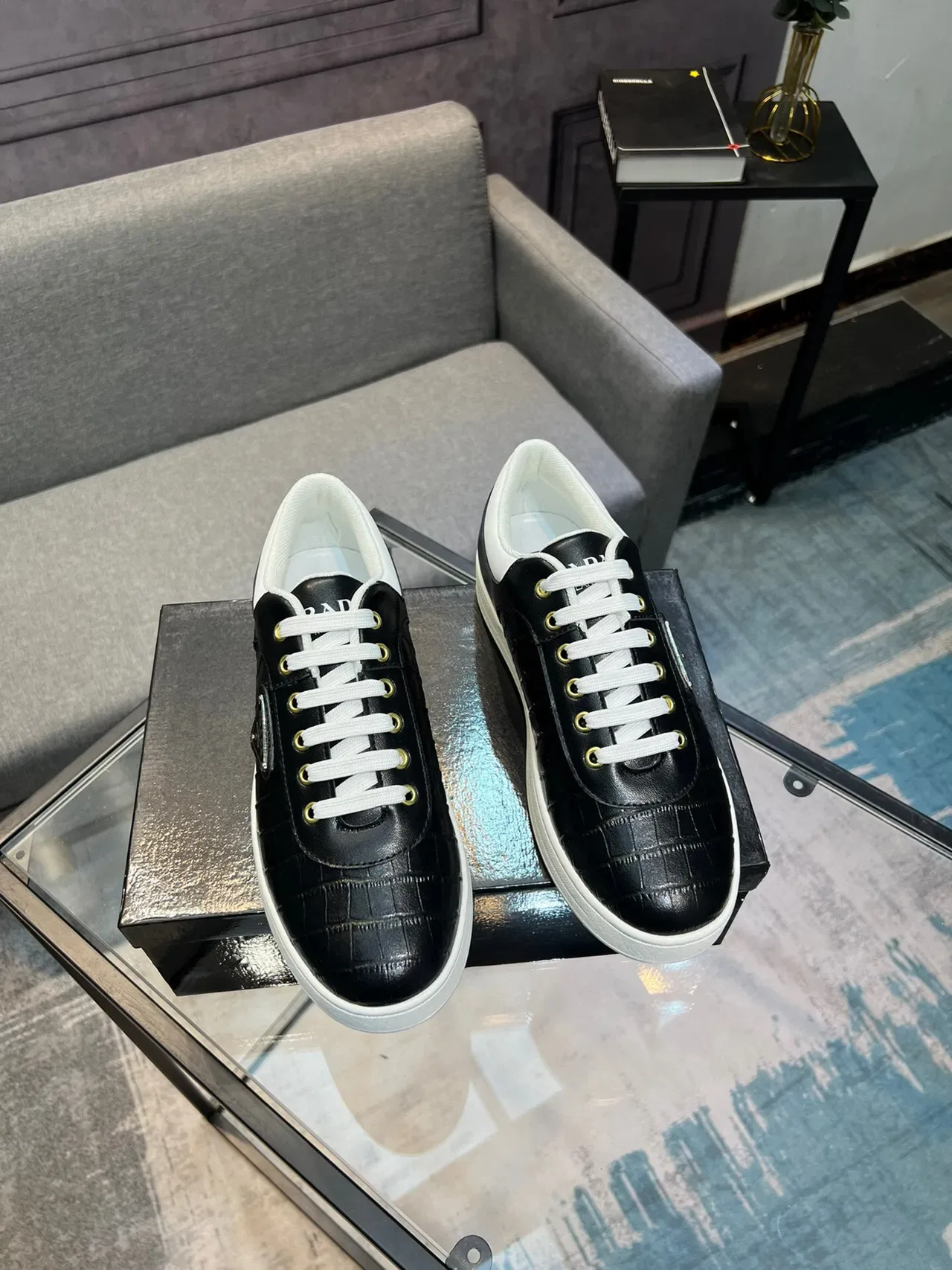 Prada Black White Croc-Embossed Leather Triangular Logo Plaque Lifestyle Sneakers 5