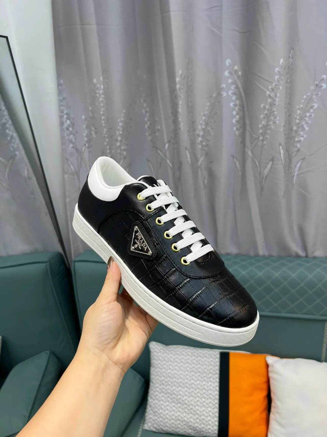 Prada Black White Croc-Embossed Leather Triangular Logo Plaque Lifestyle Sneakers 6