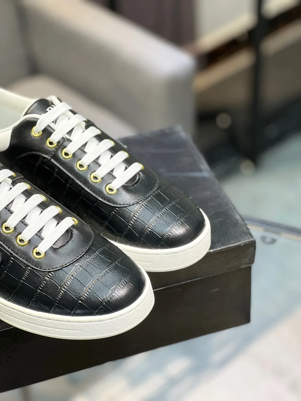 Prada Black White Croc-Embossed Leather Triangular Logo Plaque Lifestyle Sneakers 9