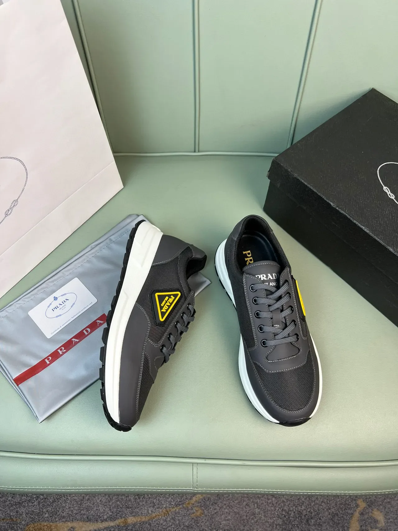 Prada Black Yellow Mesh-and-Synthetic Upper Triangle Logo Patch Lifestyle Sneakers 5