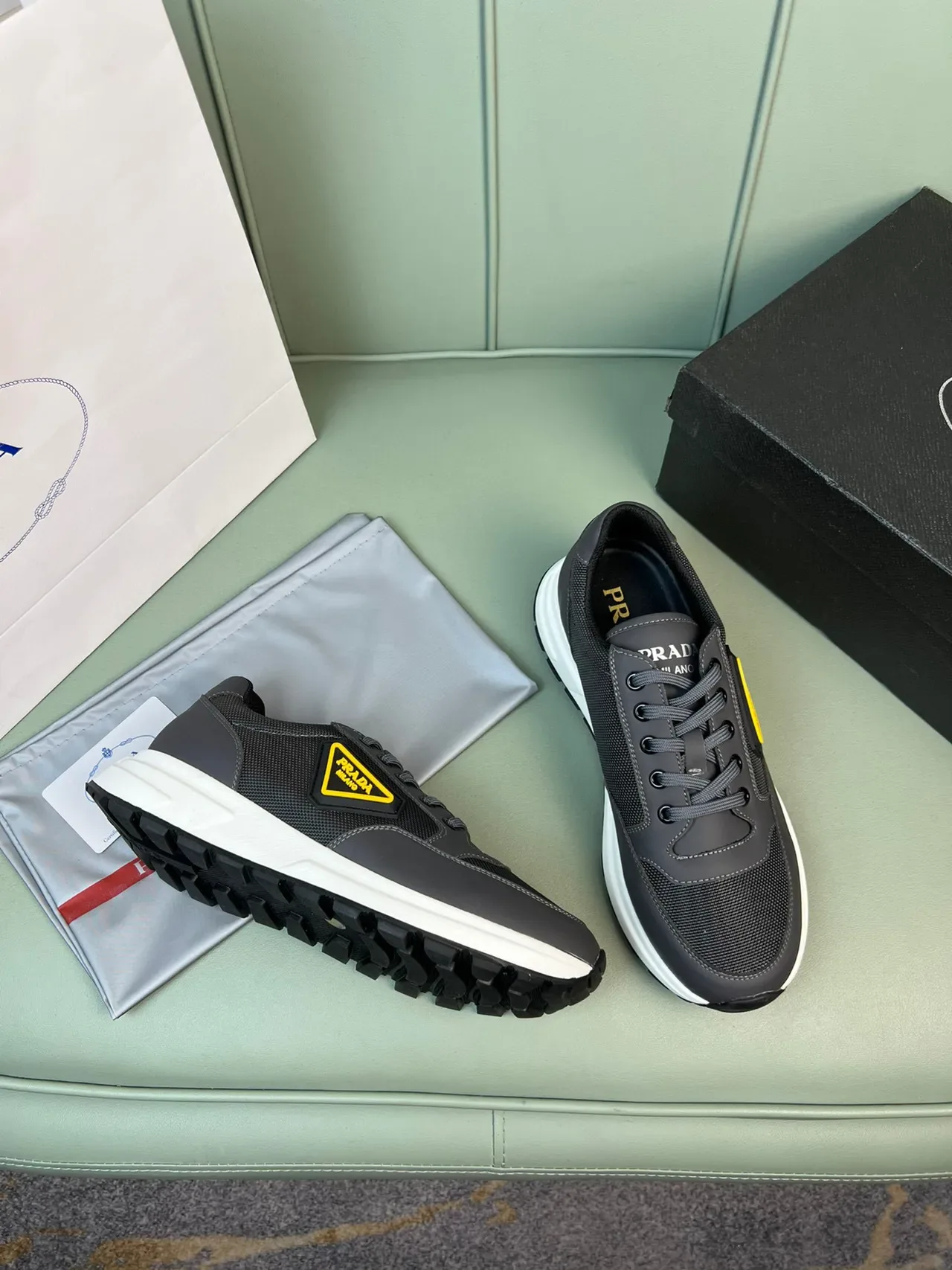 Prada Black Yellow Mesh-and-Synthetic Upper Triangle Logo Patch Lifestyle Sneakers 6