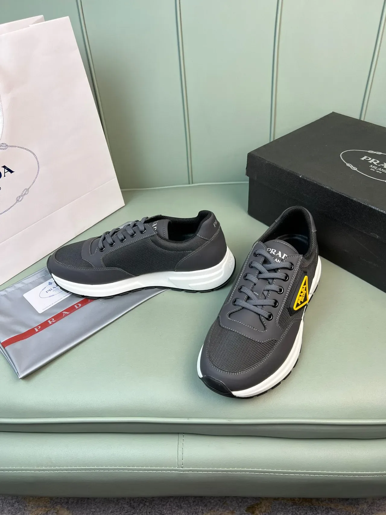 Prada Black Yellow Mesh-and-Synthetic Upper Triangle Logo Patch Lifestyle Sneakers 7