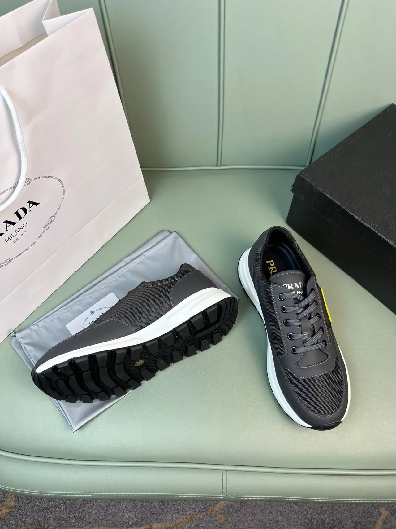 Prada Black Yellow Mesh-and-Synthetic Upper Triangle Logo Patch Lifestyle Sneakers 8