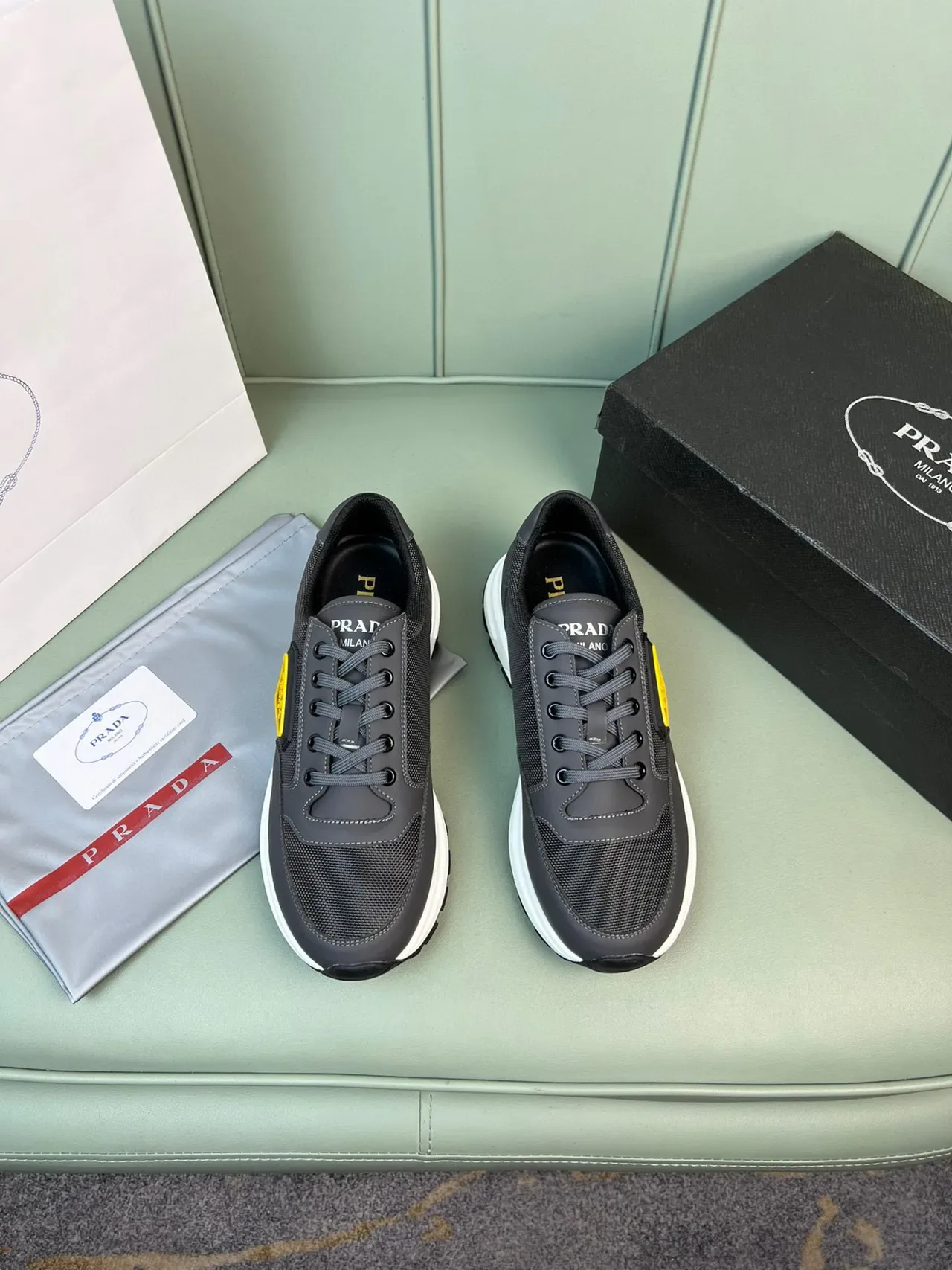 Prada Black Yellow Mesh-and-Synthetic Upper Triangle Logo Patch Lifestyle Sneakers 9