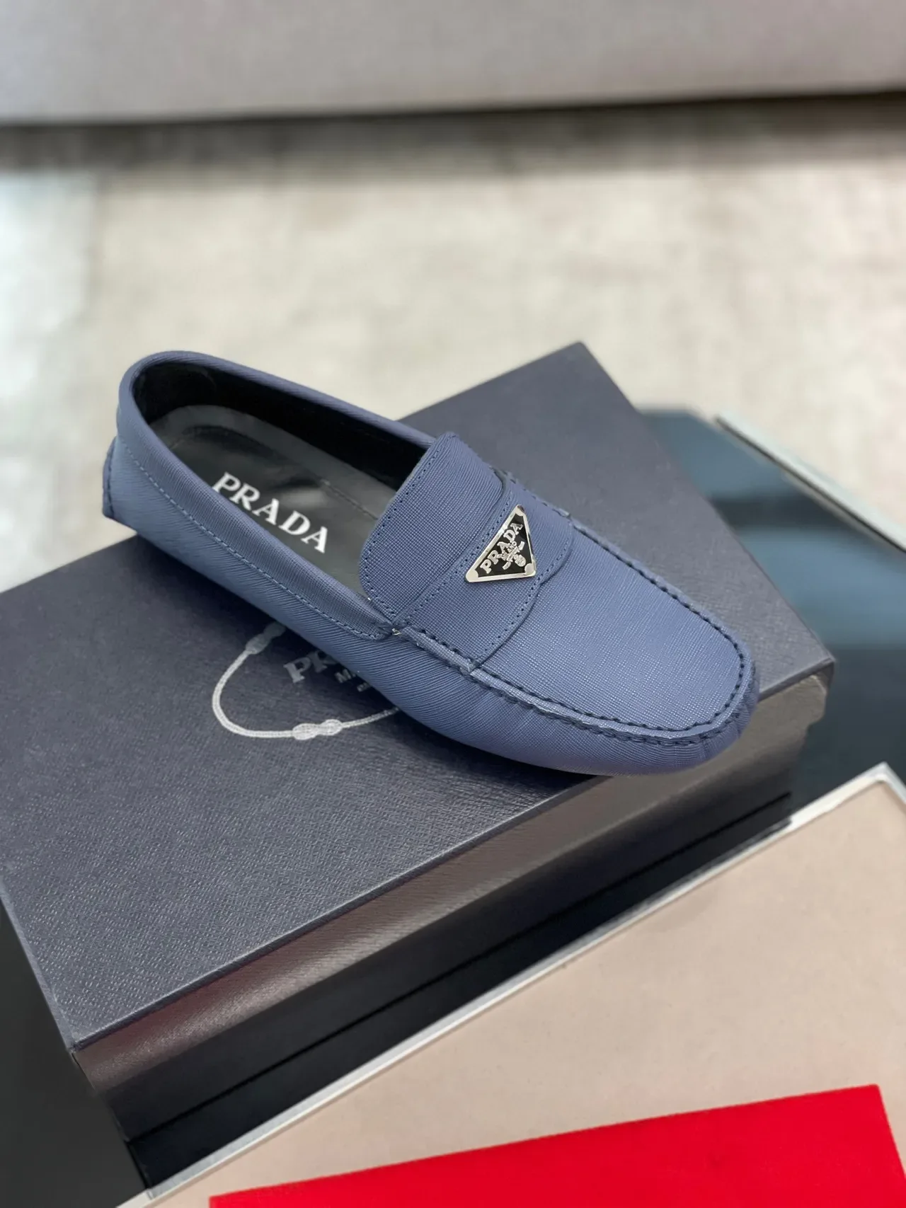 Prada Blue Black Textured Fabric Upper Moccasin-Stitched Toe Loafer 3