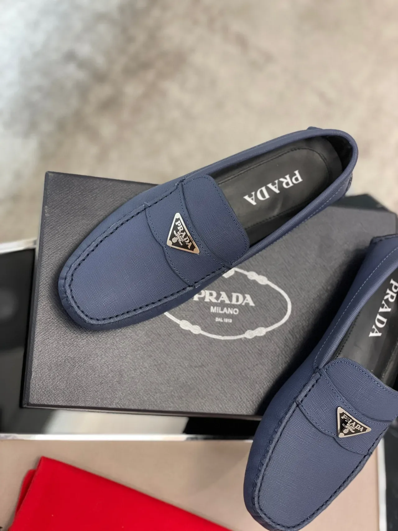 Prada Blue Black Textured Fabric Upper Moccasin-Stitched Toe Loafer 4