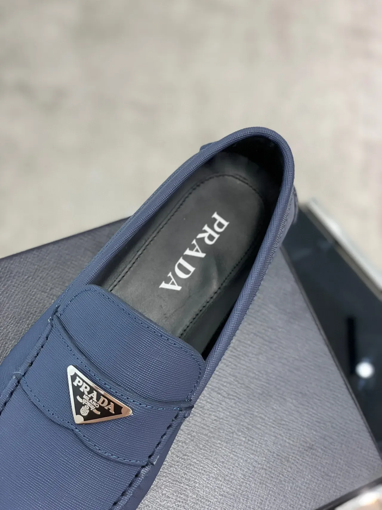 Prada Blue Black Textured Fabric Upper Moccasin-Stitched Toe Loafer 5