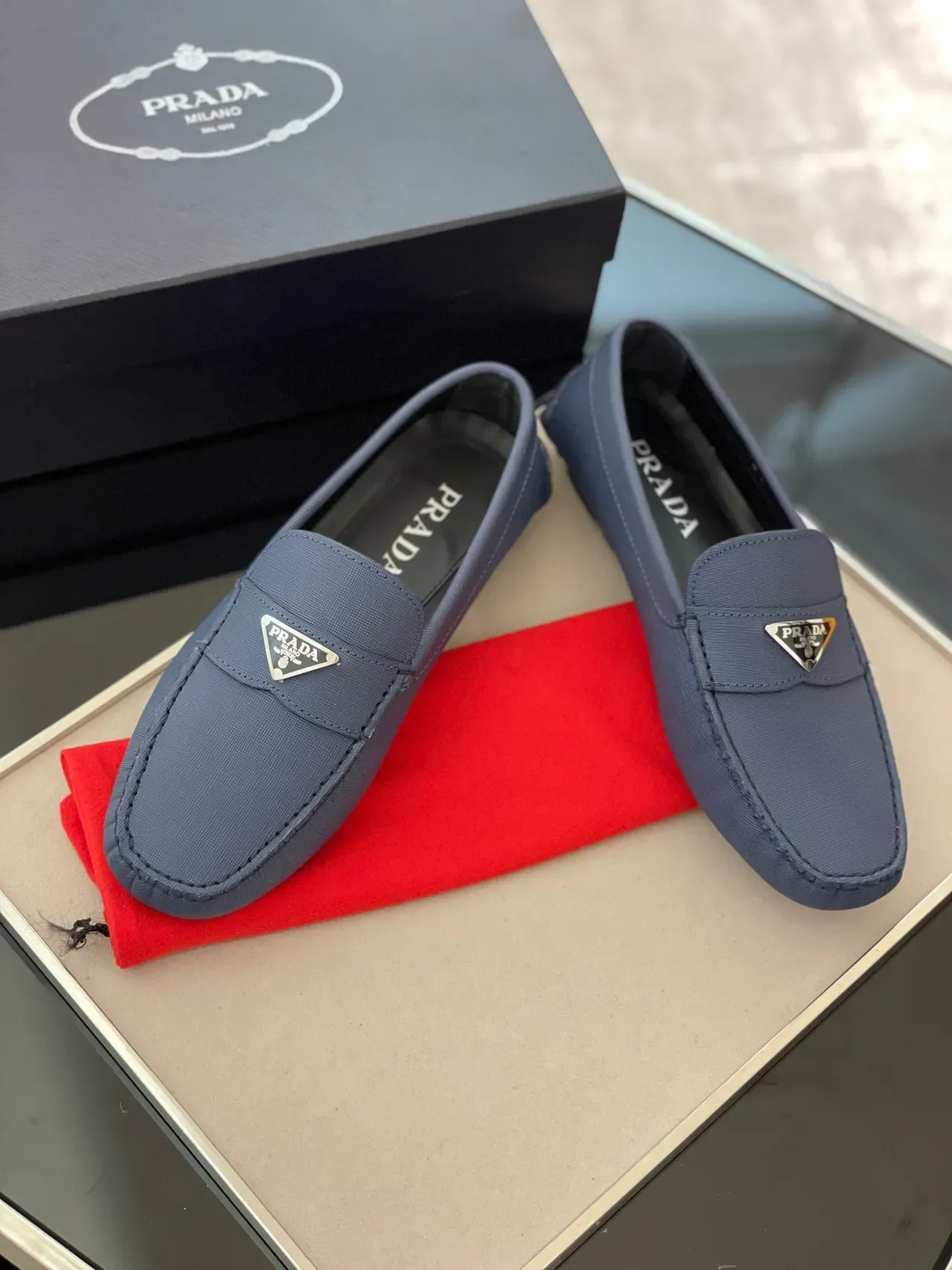 Prada Blue Black Textured Fabric Upper Moccasin-Stitched Toe Loafer 6