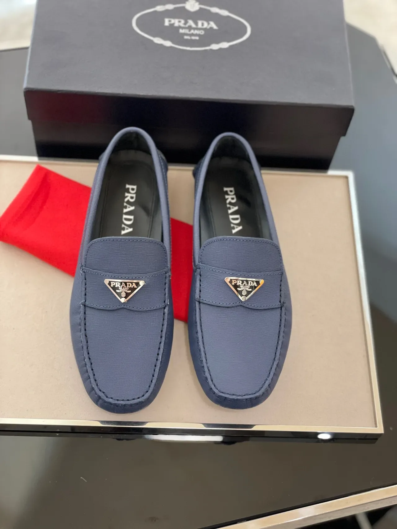 Prada Blue Black Textured Fabric Upper Moccasin-Stitched Toe Loafer 7