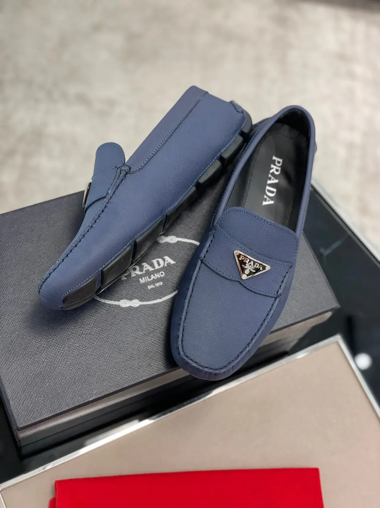 Prada Blue Black Textured Fabric Upper Moccasin-Stitched Toe Loafer 8