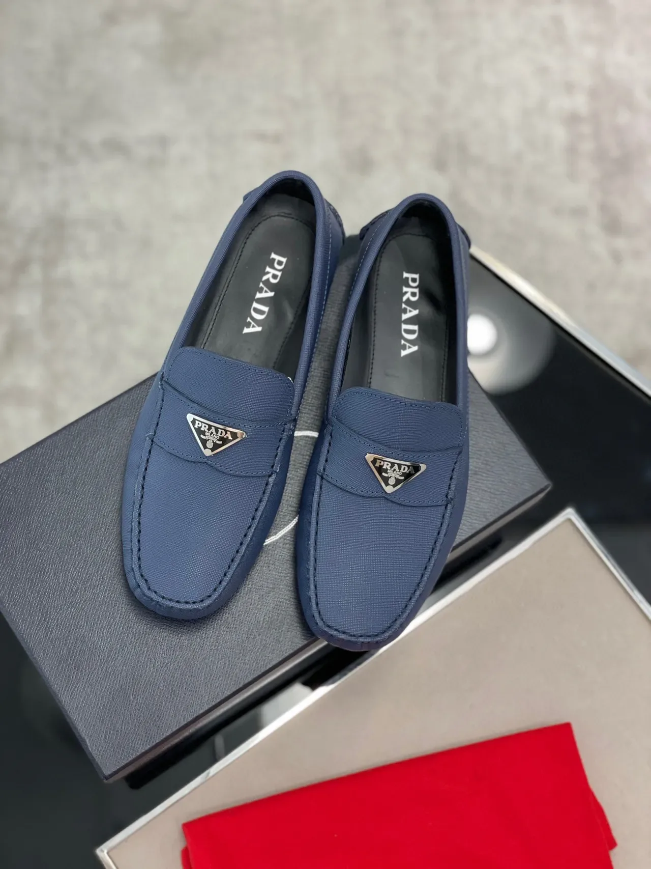 Prada Blue Black Textured Fabric Upper Moccasin-Stitched Toe Loafer 9