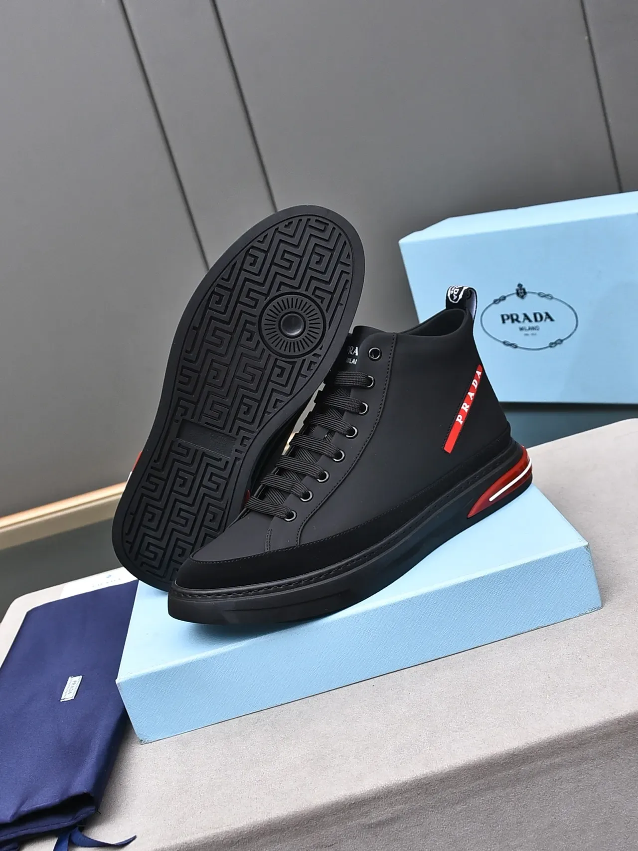 Prada Cloudbust Black and Red High-Top Lifestyle Sneakers 4
