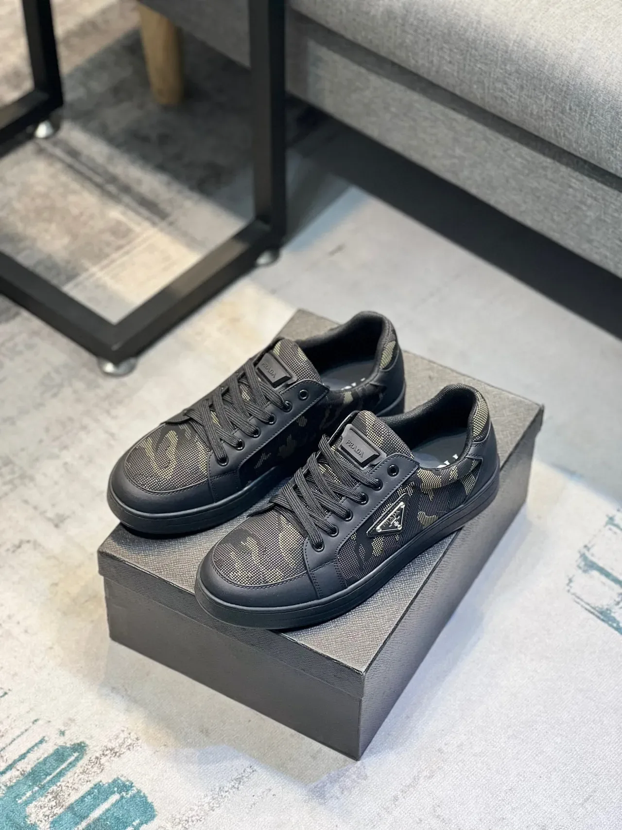 Prada Cloudbust Black Beige Camo Mesh Overlay Leather Trim Lifestyle Sneakers 7