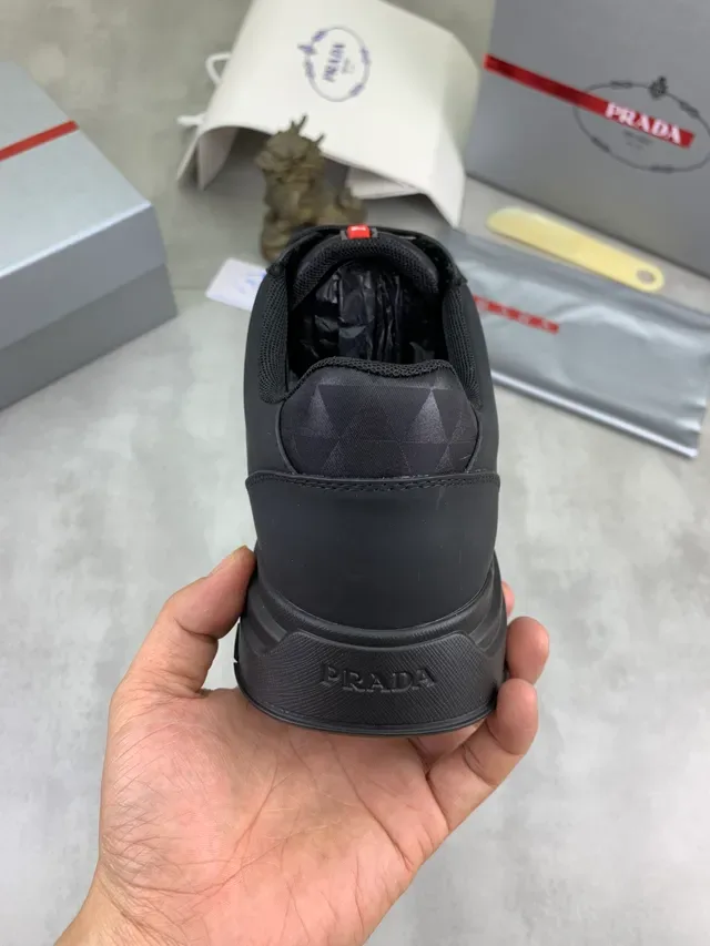 Prada Cloudbust Black Red Geometric-Patterned Textile Triangular Metal Logo Lifestyle Sneakers 4