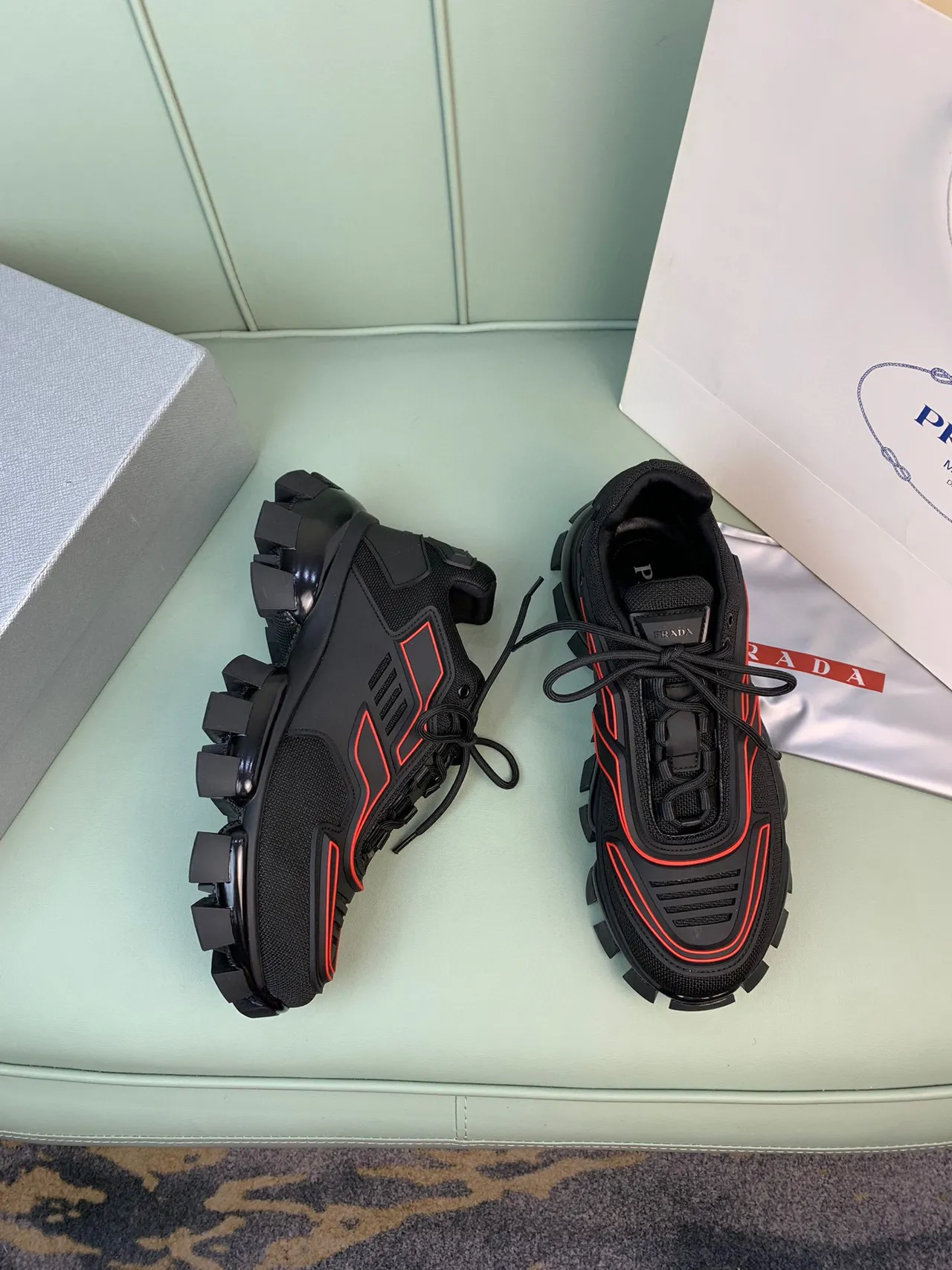 Prada Cloudbust Black Red Lug Sole Mesh Upper Chunky Sneakers 5