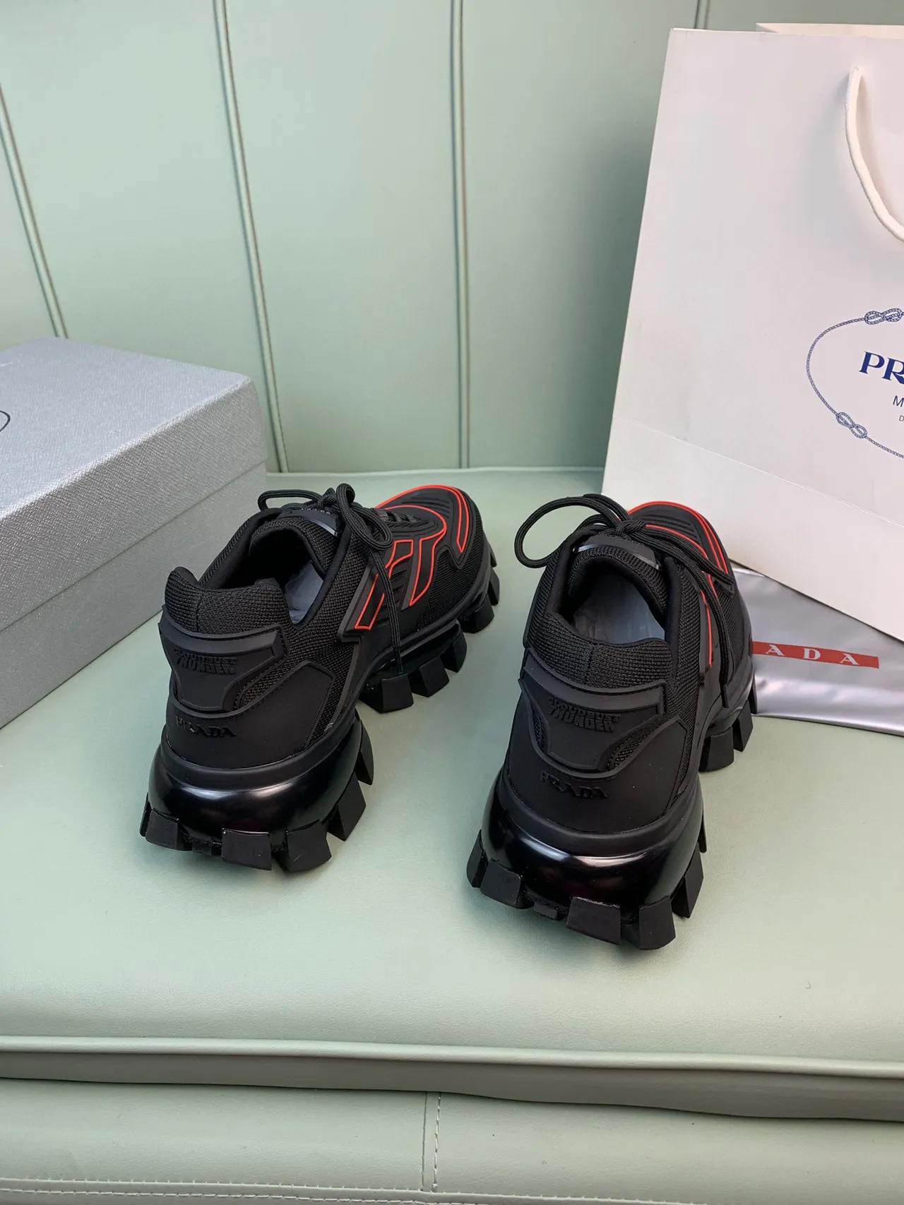 Prada Cloudbust Black Red Lug Sole Mesh Upper Chunky Sneakers 7