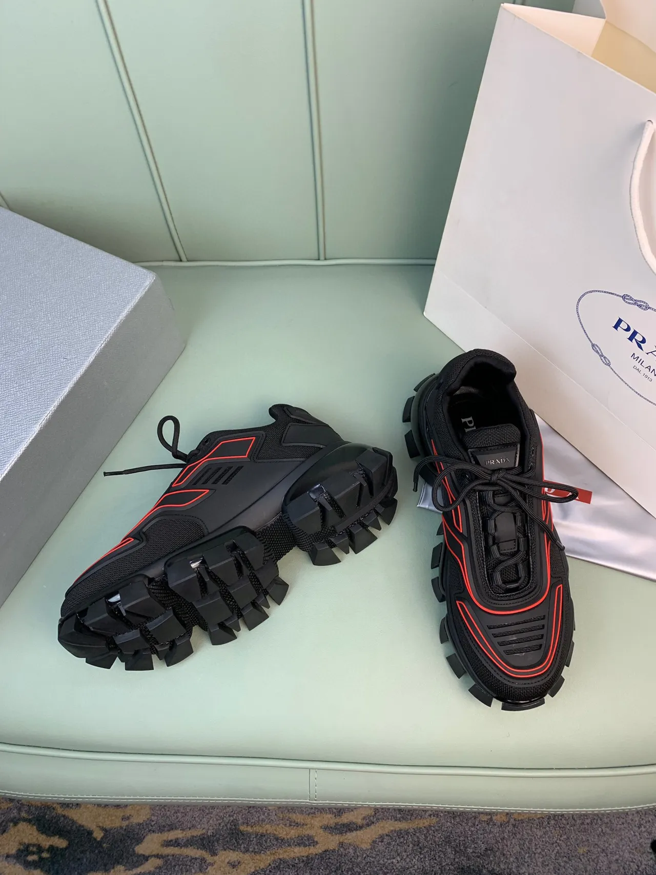 Prada Cloudbust Black Red Lug Sole Mesh Upper Chunky Sneakers 8