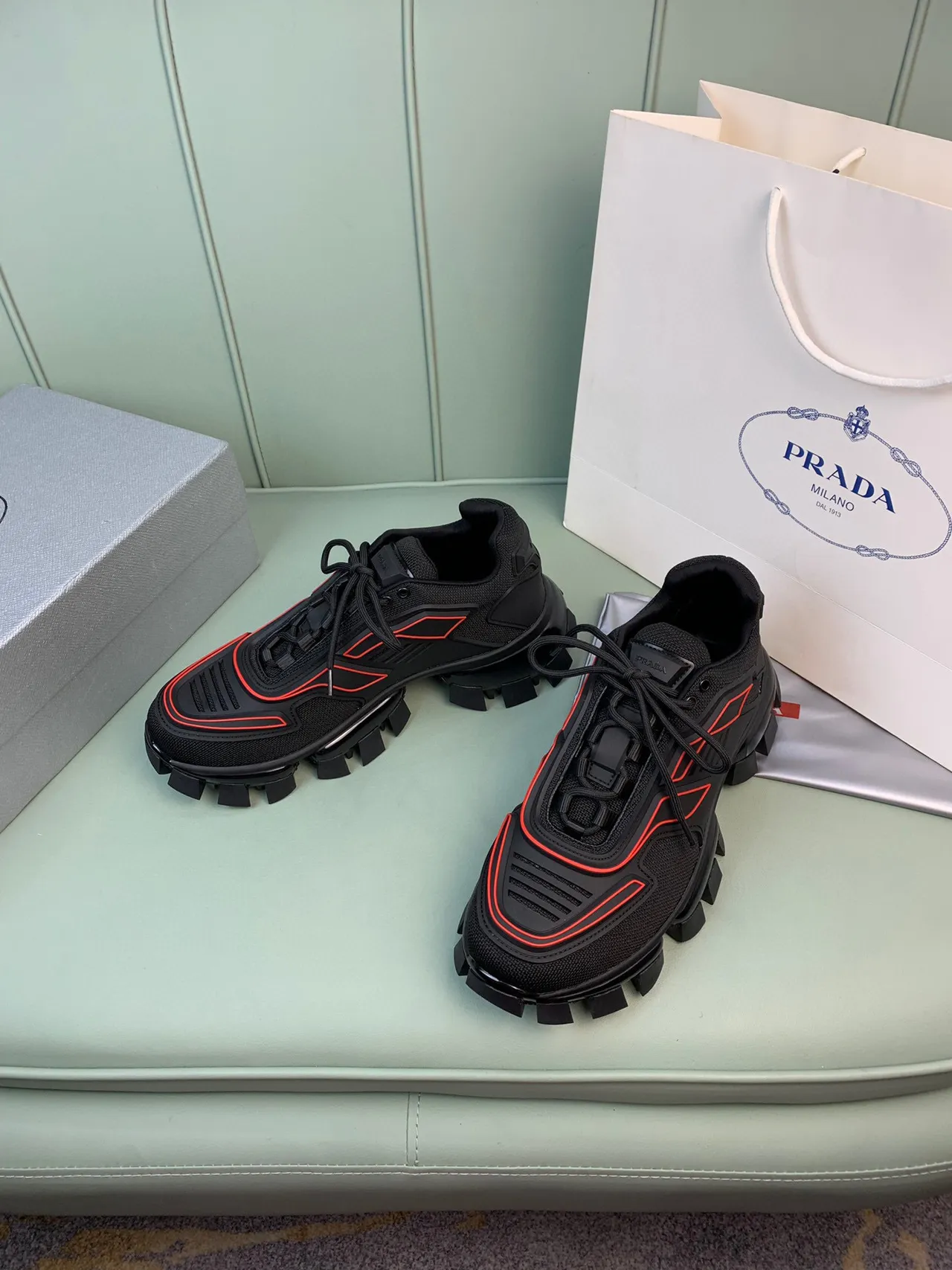 Prada Cloudbust Black Red Lug Sole Mesh Upper Chunky Sneakers 9
