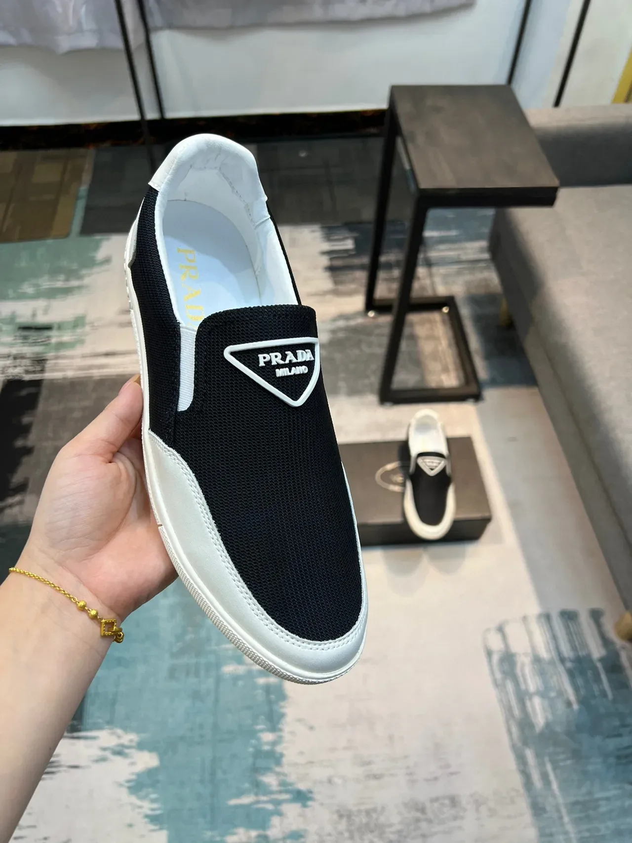 Prada Cloudbust Preto e Branco Slip-On Malha e Couro Superior Tênis Lifestyle 7