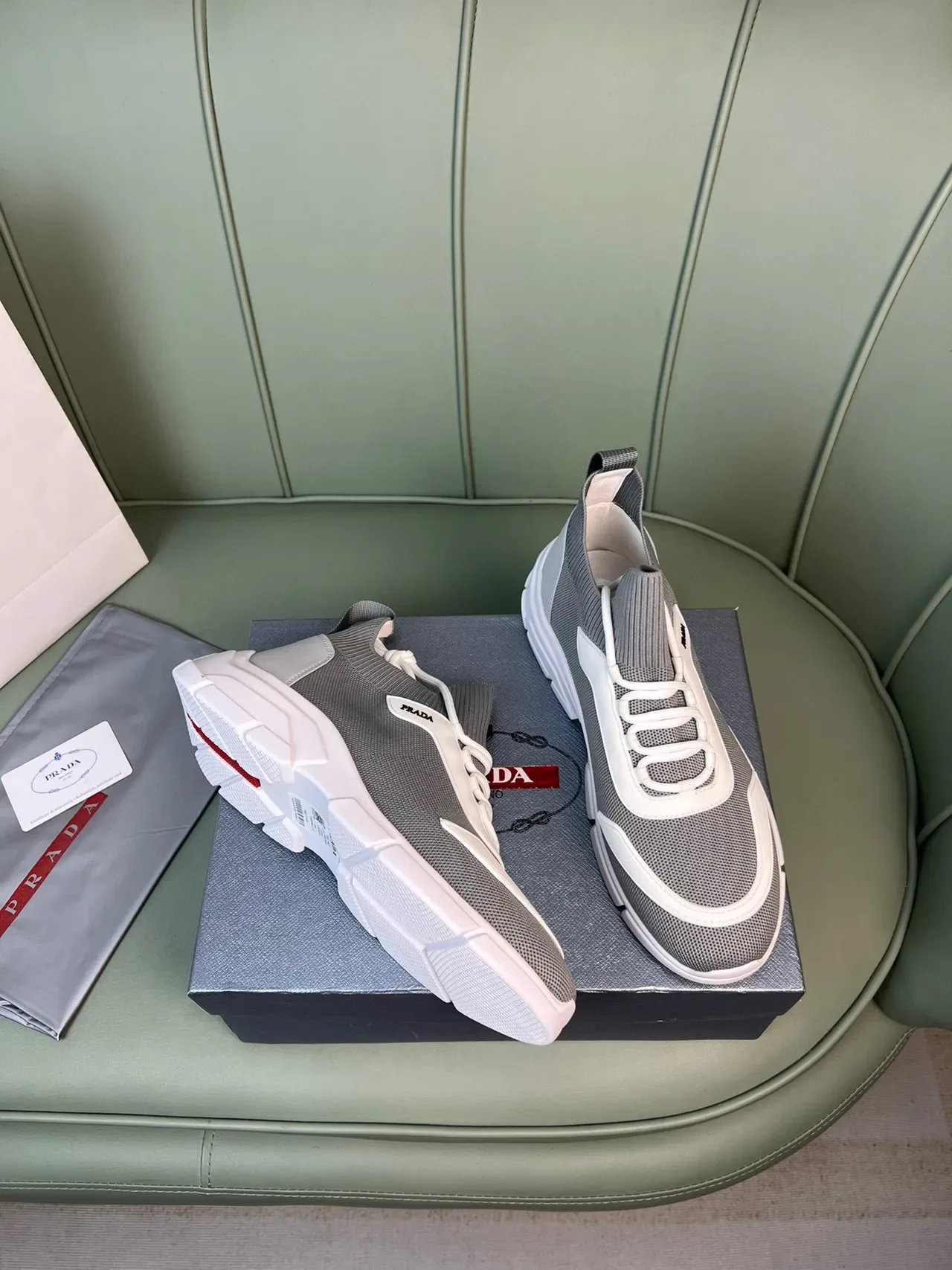 Prada Cloudbust Gray and White Knit Chunky Sneakers 5