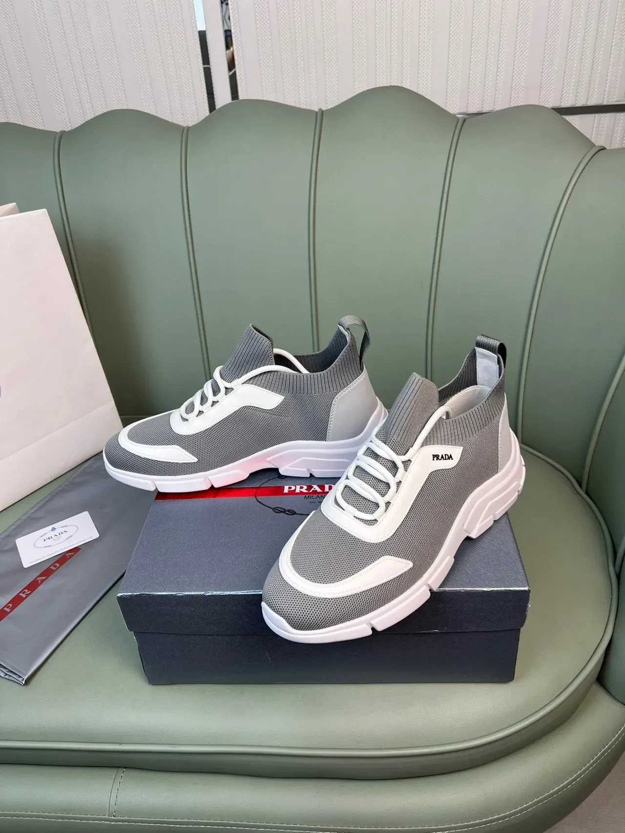 Prada Cloudbust Gray and White Knit Chunky Sneakers 7