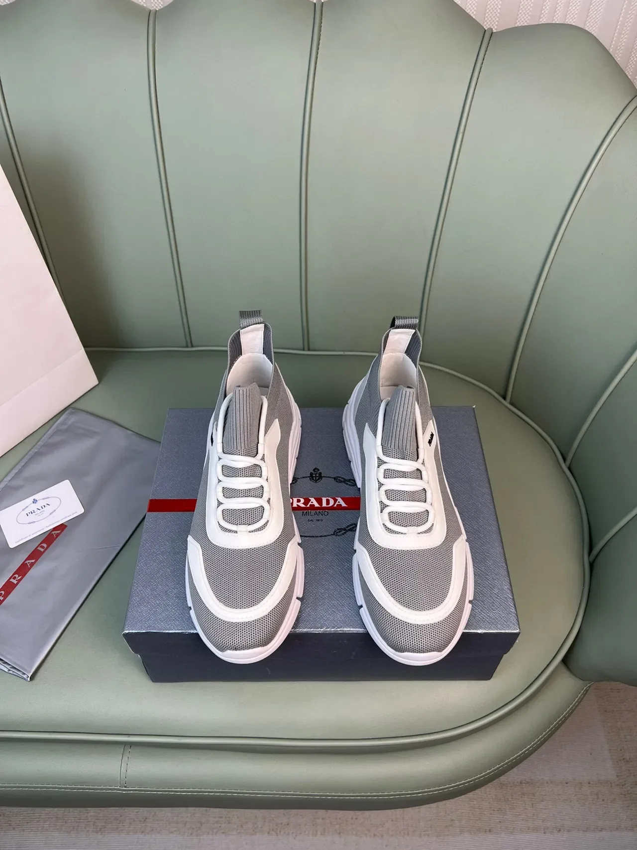 Prada Cloudbust Gray and White Knit Chunky Sneakers 9