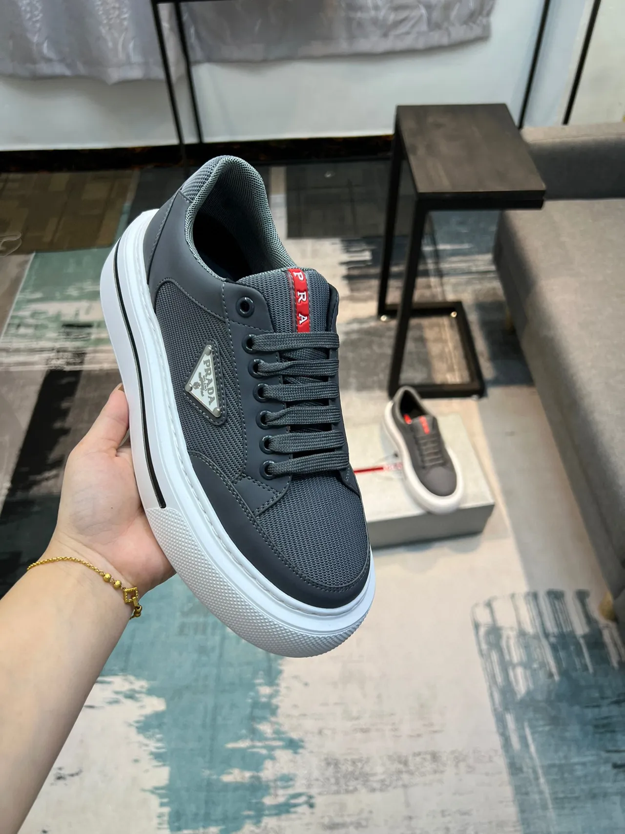 Prada Cloudbust Gray White Low-Top Platform Sneaker Mesh And Leather Upper Lifestyle Sneakers 6