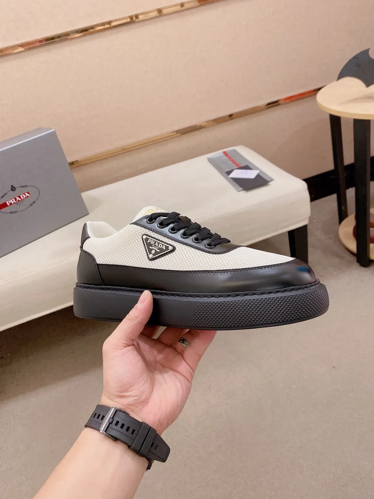 Prada Cloudbust Two-Tone Mesh and Leather Platform Lifestyle Sneakers 5
