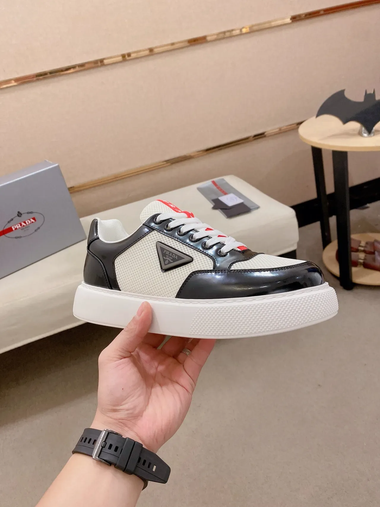 Prada Cloudbust White and Black Patent Mesh Lifestyle Sneakers 4