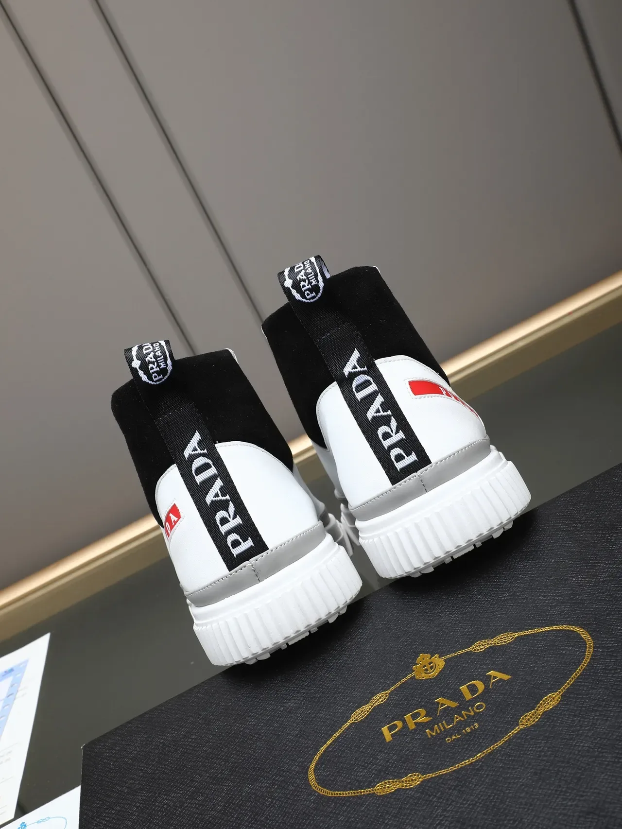 Prada Cloudbust White Black High-Top Leather And Suede Lifestyle Sneakers 3