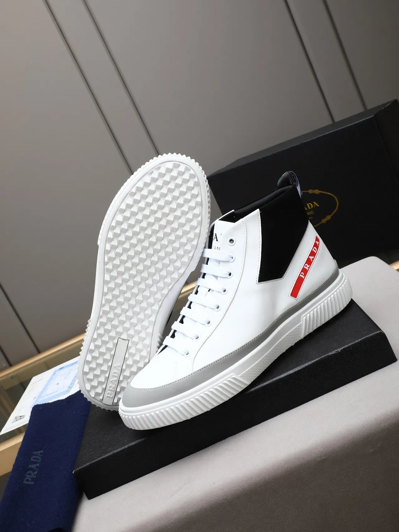 Prada Cloudbust White Black High-Top Leather And Suede Lifestyle Sneakers 4