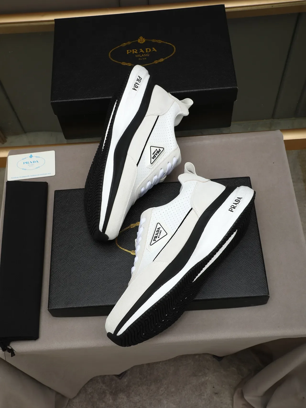 Prada Cloudbust White Black Perforated Upper Layered Platform Sole Lifestyle Sneakers 4