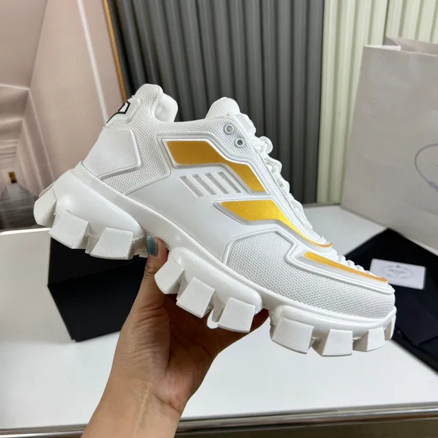 Prada Cloudbust White Gold Block-Tread Sole Mesh And TPU Overlay Construction Chunky Sneakers 4