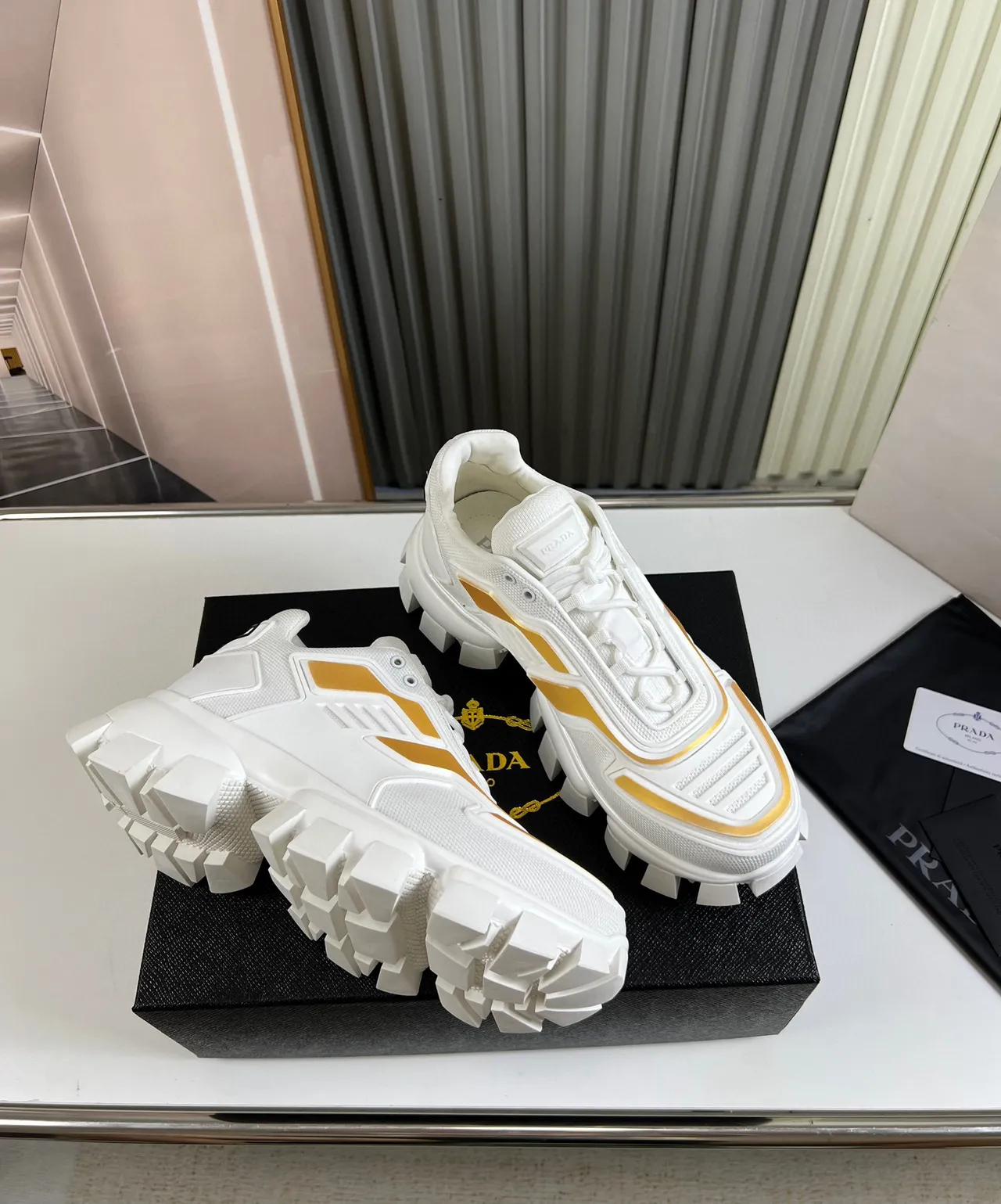 Prada Cloudbust White Gold Block-Tread Sole Mesh And TPU Overlay Construction Chunky Sneakers 5