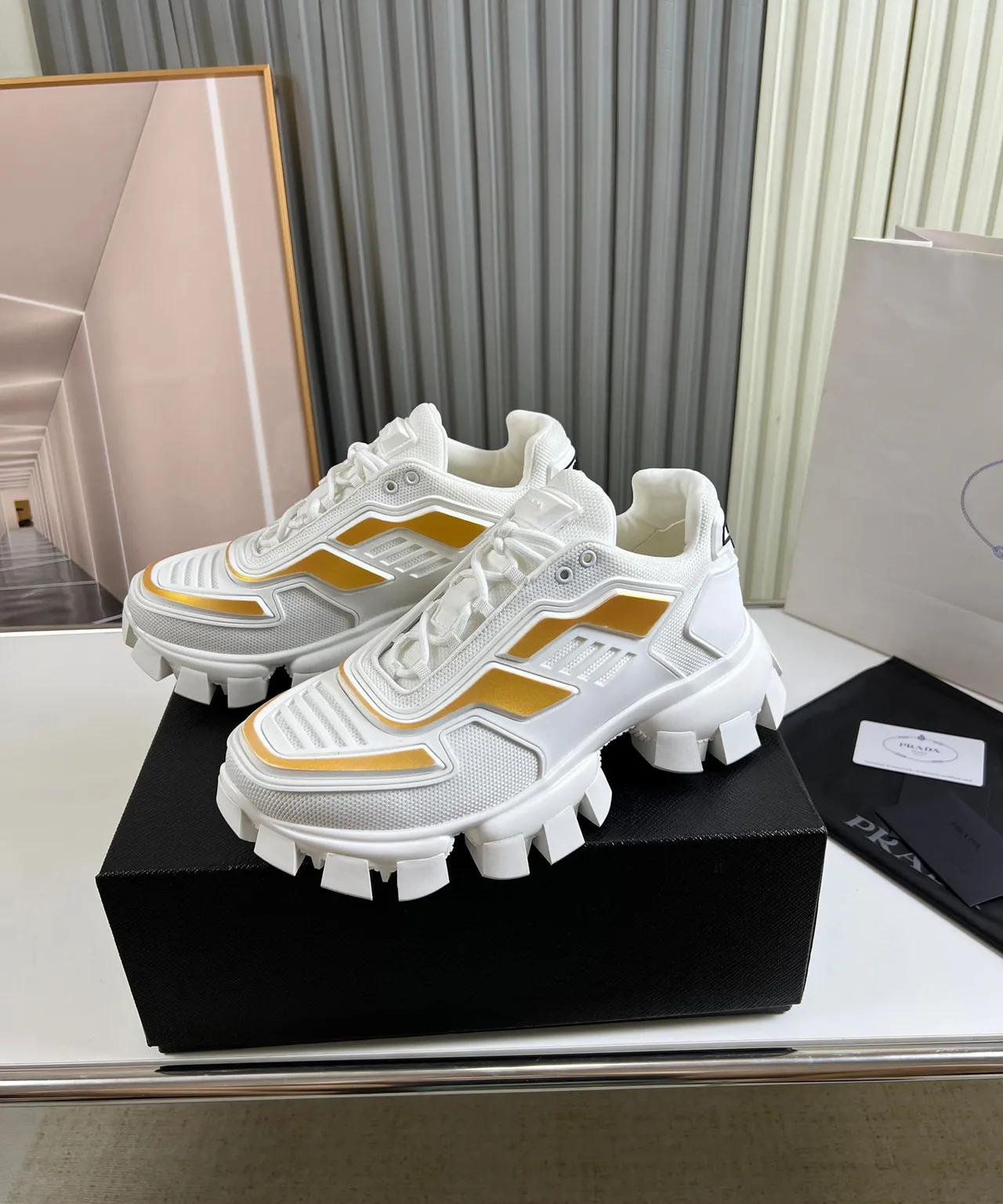 Prada Cloudbust White Gold Block-Tread Sole Mesh And TPU Overlay Construction Chunky Sneakers 7