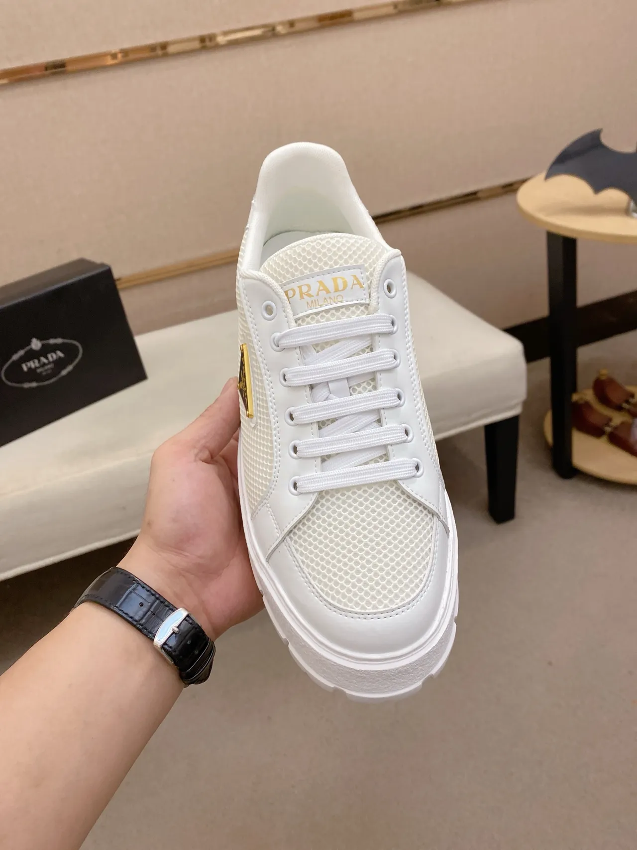 Prada Cloudbust White Gold Platform Sole Mesh And Leather Upper Chunky Sneakers 5