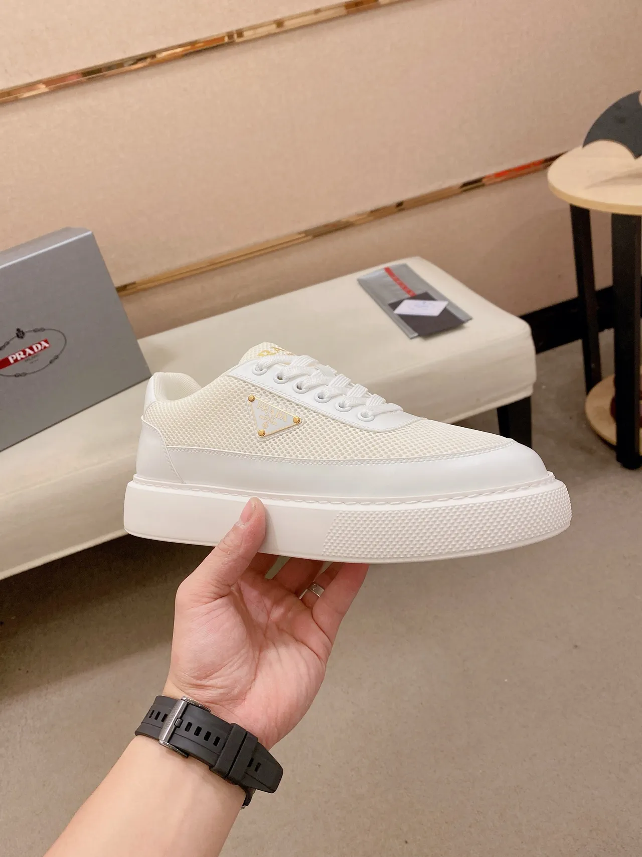 Prada Cloudbust White Mesh and Leather Lifestyle Sneakers 5