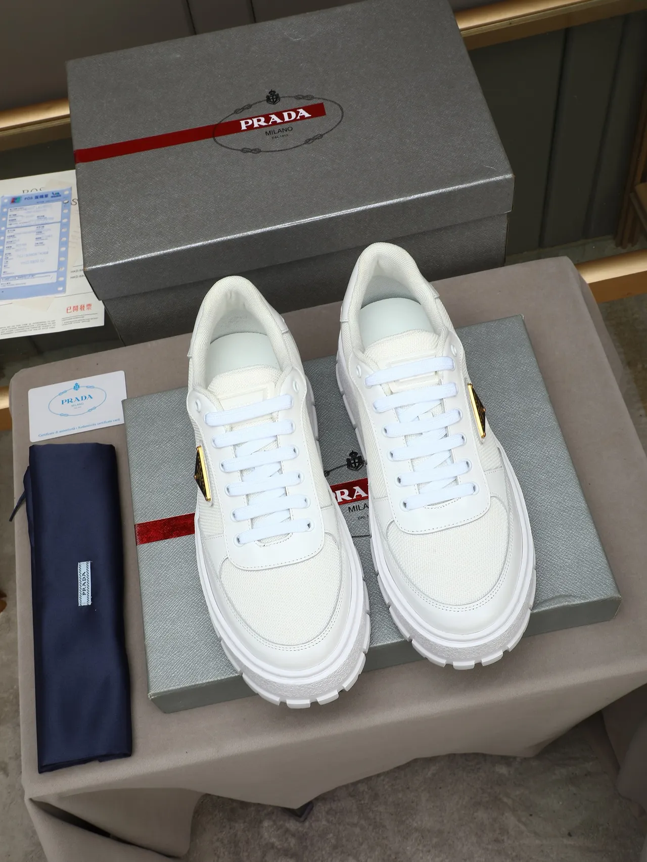 Prada Cloudbust White Platform Sole Mixed Textile And Leather Upper Chunky Sneakers 2